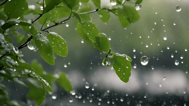Rain drops on a green leaves, rain drops on leaves, A spring rain shower video