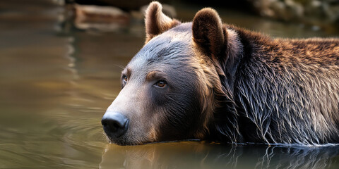 Grizzly bear, standing in the river, fishing for salmon. Wildlife in natural habitat.