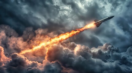 Obraz premium Dramatic launch of a cruise missile amidst stormy clouds