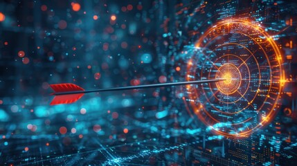 Aim arrow at a virtual target dartboard boked with Imagery AI and Automation use of artificial intelligence and automation in business background.