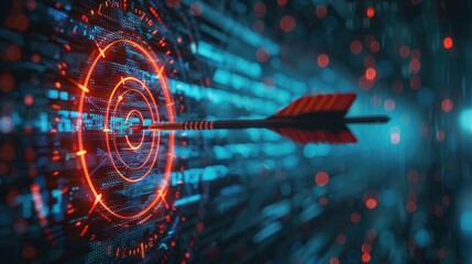 Aim arrow at a virtual target dartboard boked with Imagery AI and Automation use of artificial intelligence and automation in business background.