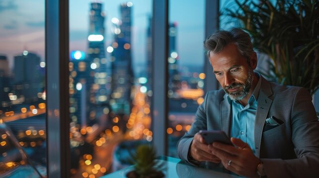 businessman standing with office large windows in the background and natural light.