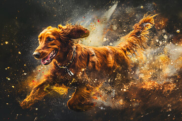 A irish setter in full roar, charging forward with a fierce expression. Captured in a dynamic colours. Splashes and splatters around the dog suggest its swift movement and wild energy