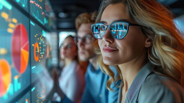 Professionals working meeting together in an open-plan office, focusing on a digital screen with charts and graphs.