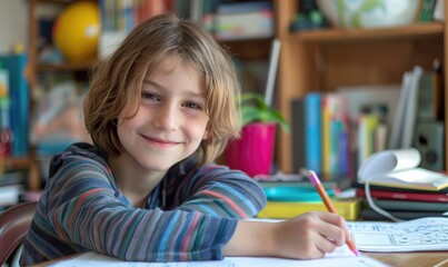 A smiling child boy is interested in studying math