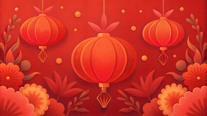 Chinese lanterns and flowers on red background
