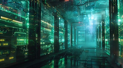 A digital artwork of a futuristic data center filled with holographic screens displaying complex algorithms and glowing data streams