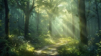 A winding path leading through a dense forest with sunlight streaming through the canopy, inviting introspection and connection with nature.