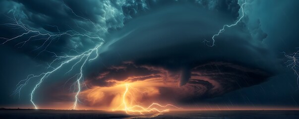 Dramatic and powerful tornado, Lightning thunderstorm flash over the night sky, Concept on topic weather, cataclysms, hurricane, Typhoon, tornado, storm