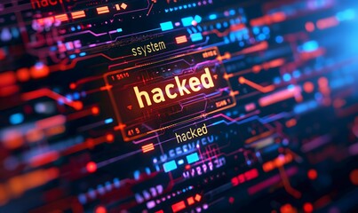 System hacking with info message "system hacked". Background with a code on a blue background and a virus warning. Cyber security and cybercrime