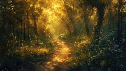 A winding path leading through a dense forest bathed in golden sunlight, inviting introspection and connection with nature.