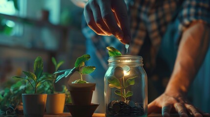 Hand Of Father Adding Penny To Child's Coin Jar With Plant Growing Out Of It - College Fund / Investing In Our Children's Future Concept realistic