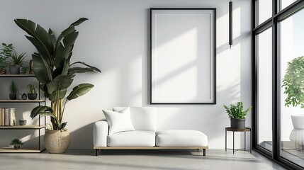 wooden frame mockup on white wall. Poster mockup. minimal frame. Vertical wooden frame mock up.
