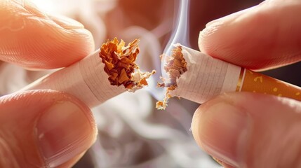 Hands breaking cigarette to convey no smoking message, anti smoking concept depicted