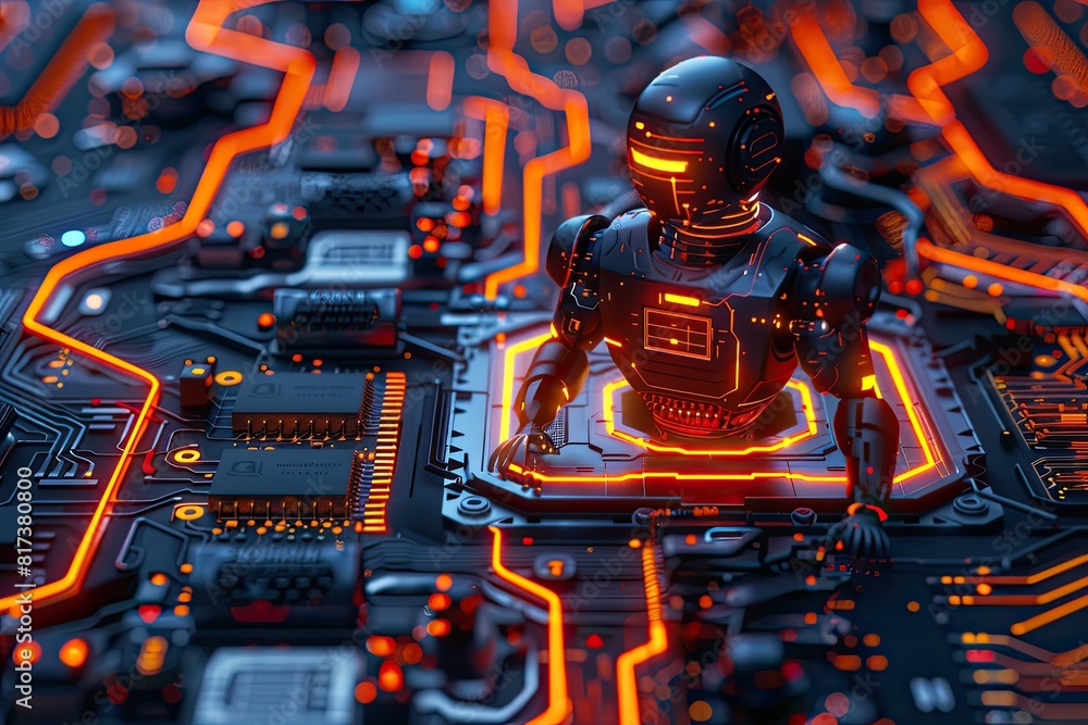 Poster a robot is sitting on a circuit board with orange lights. the robot is surrounded by a lot of electr