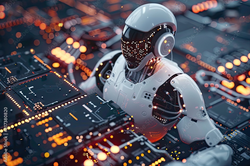 Poster a robot is standing on a computer chip. the robot is wearing headphones and has a face with glowing 