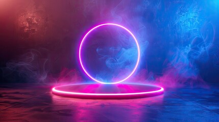 A neon colored circle is lit up in a dark room