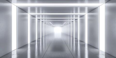 White background 3D room light abstract space technology tunnel stage floor. Empty white future 3D neon background studio futuristic corridor render modern interior silver road black wall design gray