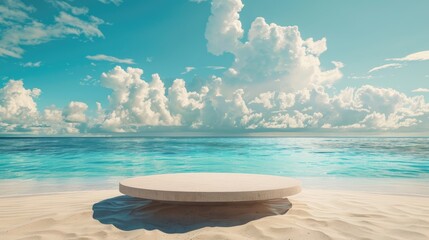 A beach scene with a large white object on the sand. The sky is cloudy and the water is blue