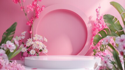 3d soft pink circular platform, floral decoration, and the pink color scheme, which are ideal for highlighting the product display aspect of the image.