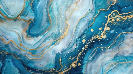 A blue and gold painting of a wave with gold streaks. The painting has a calming and serene mood