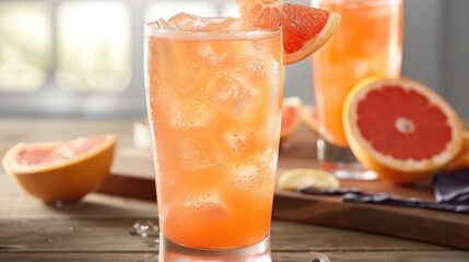 A zesty grapefruit soda, with tangy grapefruit juice, fizzy soda water, and a hint of sweetness, served over ice in a tall glass with a slice of fresh grapefruit for garnish.