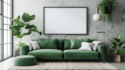 empty poster frame on beige wall, Mockup poster in the living room, 3d render, 3d illustration