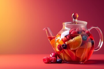 Fruit tea in glass teapot on red background
