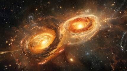 An awe-inspiring view of a distant galaxy collision, with two massive spiral galaxies merging...