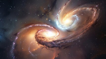 An awe-inspiring view of a distant galaxy collision, with two massive spiral galaxies merging...