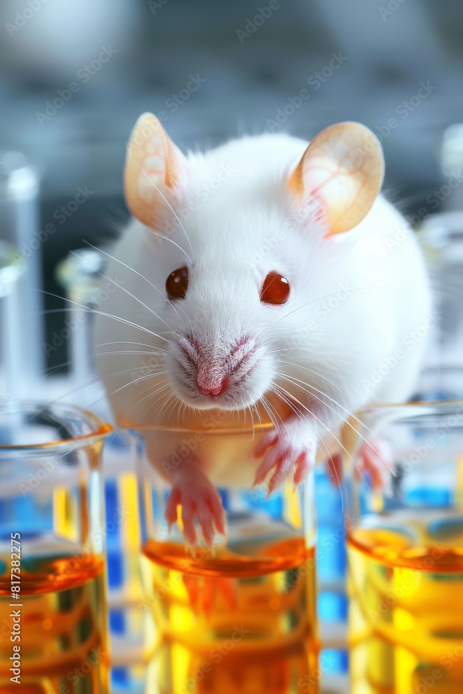 Poster white mouse in bio lab on table with copy space, blurred background for text placement