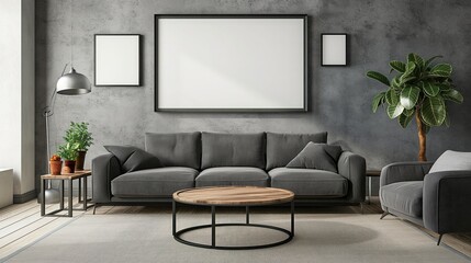 Minimal wooden picture poster frame mockup, Blank horizontal poster frame mock up, beige sofa and pampas grass, 3d rendering, 3d rendering. A4, A3 format