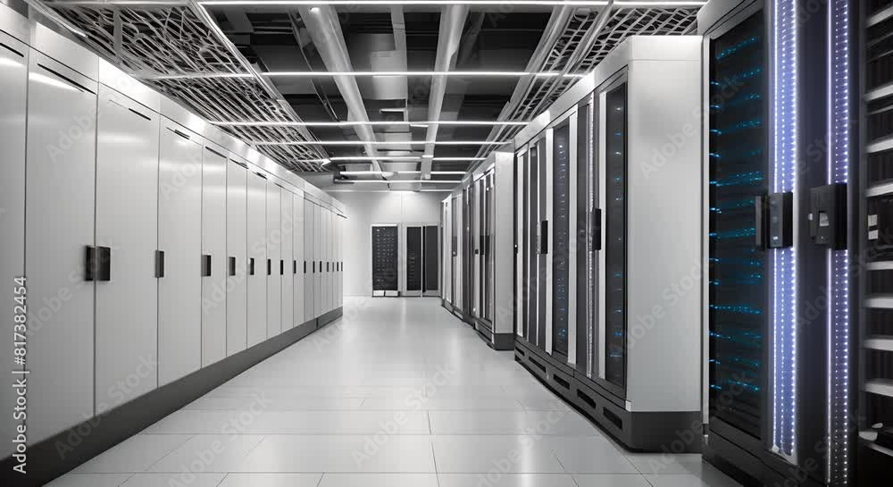 Poster high tech data center hallway with rows of servers