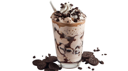  An image of an Oreo shake in a square glass, topped with a mini scoop of vanilla ice cream and Oreo cookie pieces, captured in ultra HD, transparent background