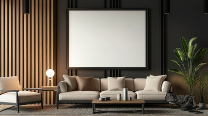 black poster mock up frame, Mockup frame in living room interior, empty wall background. Scandinavian style, 3D render, 3D illustration