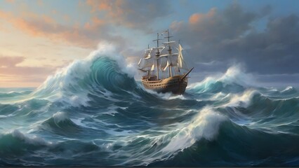 Sunlit Ocean: Ship Among Waves and Clouds