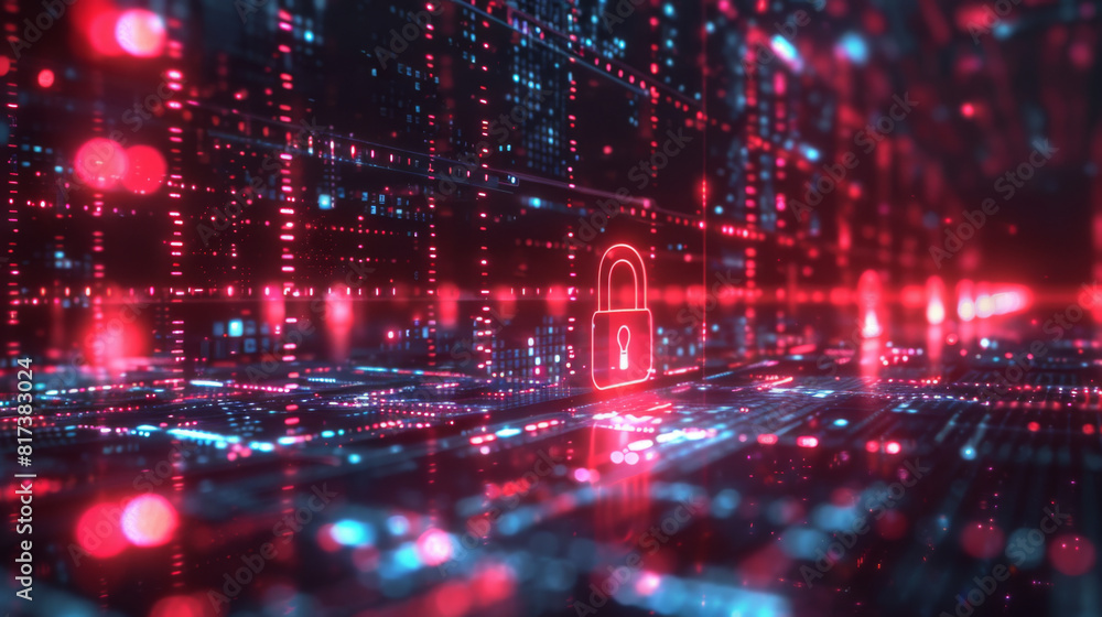 Poster abstract visualization of digital networks featuring prominent security lock symbols amid glowing re