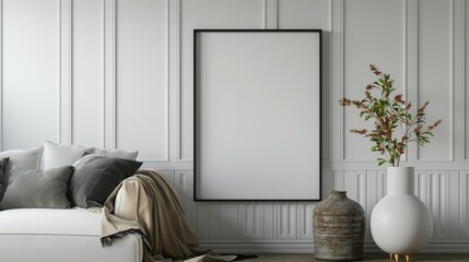 black poster mock up frame, Mockup frame in living room interior, empty wall background. Scandinavian style, 3D render, 3D illustration