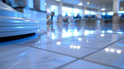 Professional cleaners using vacuum in spacious office with employees in background