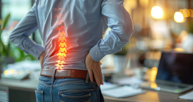 Office syndrome, Backache and Lower Back Pain Concept. a man touching his lower back at pain point