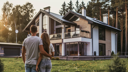 A man and woman, likely a young family, are standing in front of a house, looking at their new home in anticipation and excitement. The house appears to be their newly acquired property