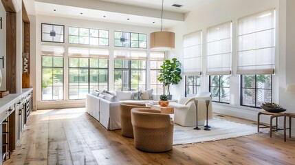 A large living room with hardwood floors and windows.