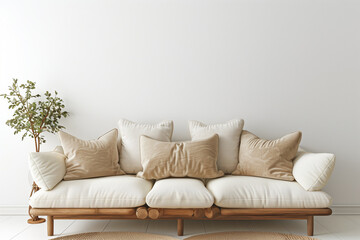 Interior wall mockup with sofa and beige pillows on empty white living room background. 3D rendering illustration.