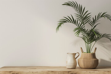 Interior wall mockup with wooden table jug and green home plants in basket standing on empty white background. 3D rendering illustration.