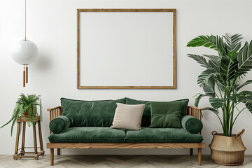 Horizontal wooden frame mockup in living room interior with green velvet couch slat side table and plants on empty white wall background. Illustration 3d rendering