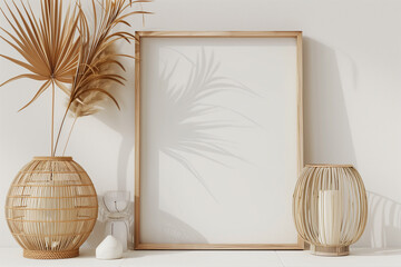 Horizontal wooden frame mockup in neutral beige minimalist Japandi interior with dried palm leaves...