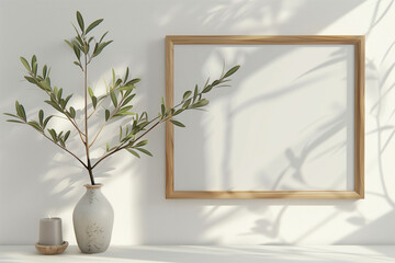 Horizontal wooden frame mockup with green olive twigs in vase and candle on white wall background. A4 A3 A size 3d rendering illustration