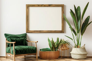 Horizontal wooden frame template in home interior with green velvet armchair cushion and snake plant in basket. Illustration 3d rendering