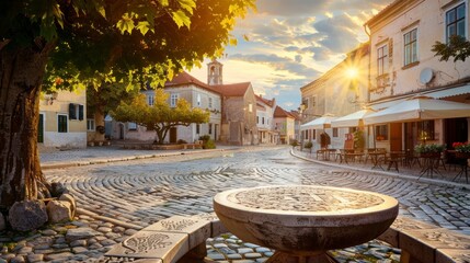 beautiful sunrise of a town in colonial style Europe