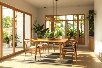 Interior design of modern dining room dining table and wooden chairs. 3d rendering